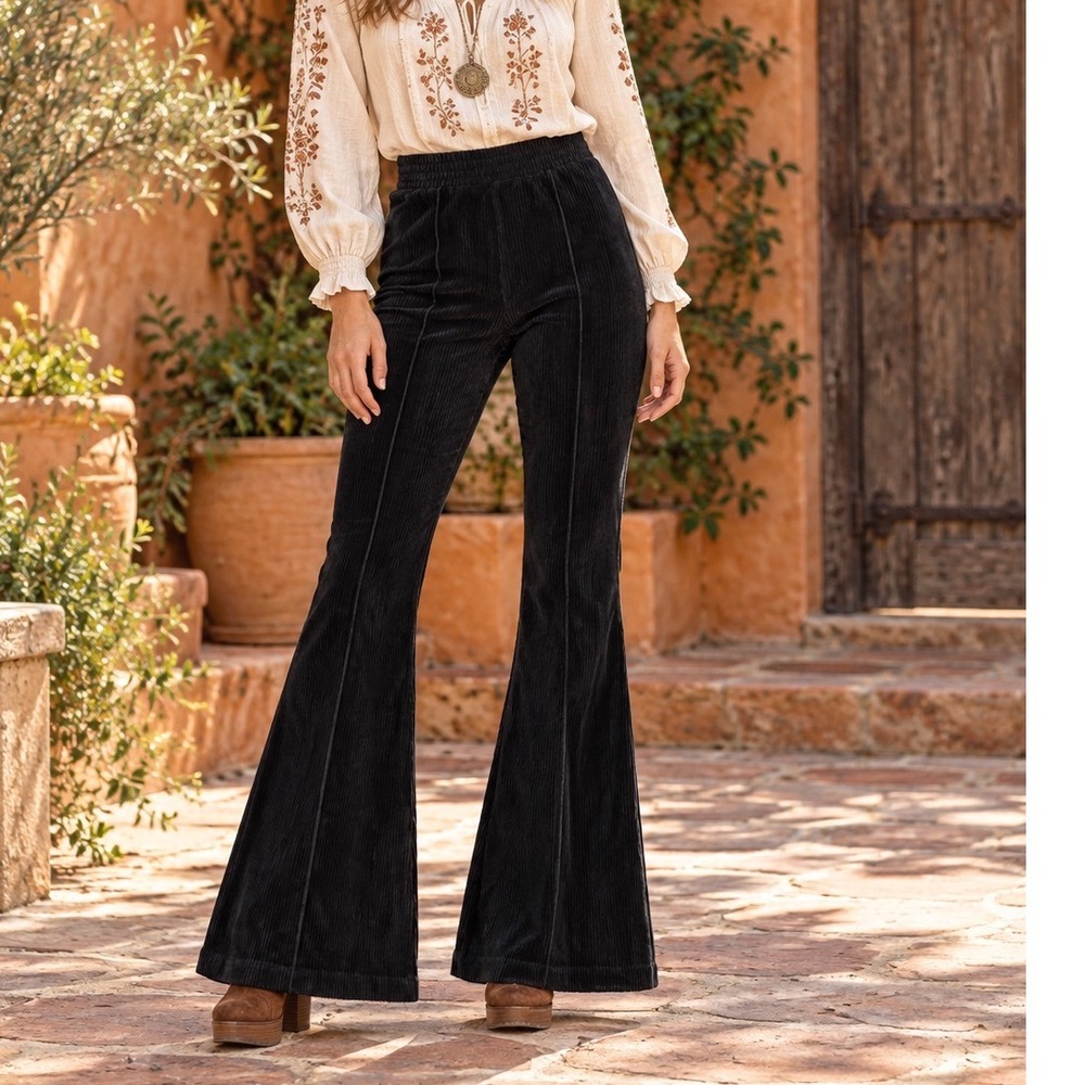 Aerie Groove-On Rib Velour Flare Pants Small Black 70s Y2K Boho Bell Bottom